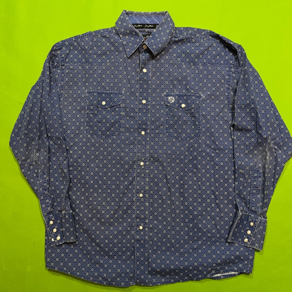 George Strait Troubadour Wrangler Western Snap Shirt Blue Geometric XL